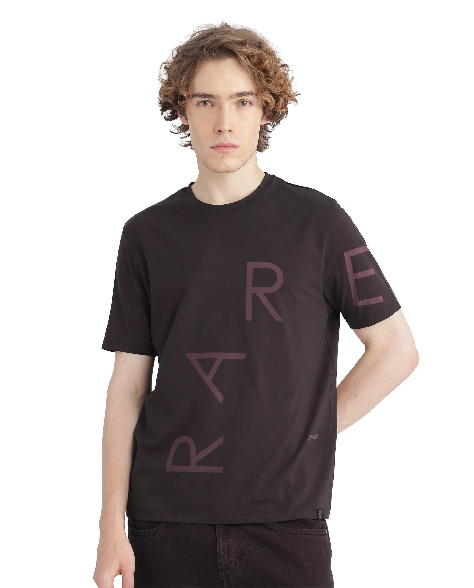 Men's Shirts with Cowl NecksRare Rabbit Men Drax Dark Brown Cotton Blend Fabric Short Sleeve Crew Neck Placement Typography Print T-Shirt Men's Shirts with Cowl NecksRare Rabbit Men Drax Dark Brown Cotton Blend Fabric Short Sleeve Crew Neck Placement Typography Print T-Shirt
