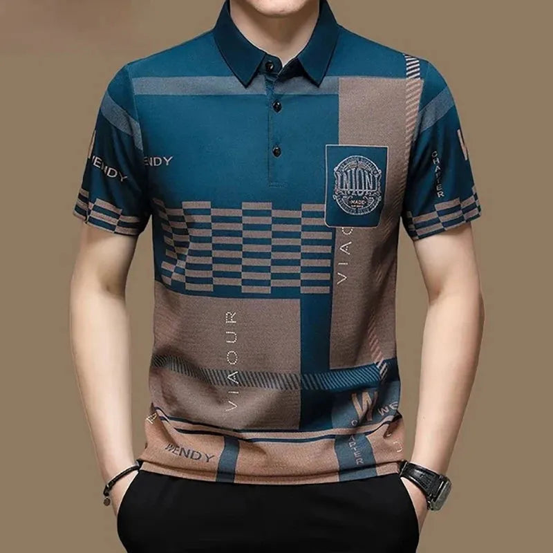 Men's Shirts with Elastic WaistbandsMen's Polo Shirt Business Casual Summer Short Sleeves Tops Pattern Print Button T Shirt Loose Clothes Fashion Polo T Shirt