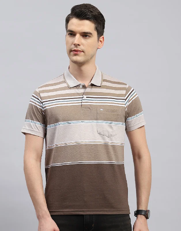 Men's Shirts for BoatingMen Brown Stripe Polo Collar Half Sleeve T-Shirt