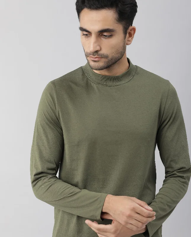 Men's Shirts with Ruffled HemlinesRare Rabbit Men's Read Olive Solid High Crew Neck Full Sleeve Slim Fit T-Shirt