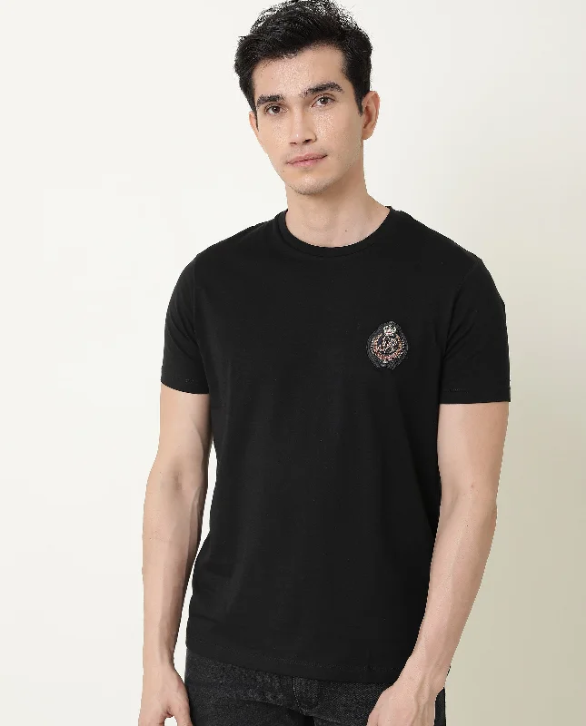 Men's Shirts for BoatingRare Rabbit Men's Crown T Black Crew Neck Chest Embroidered Label Half Sleeves Slim Fit T-Shirt Men's Shirts for BoatingRare Rabbit Men's Crown T Black Crew Neck Chest Embroidered Label Half Sleeves Slim Fit T-Shirt