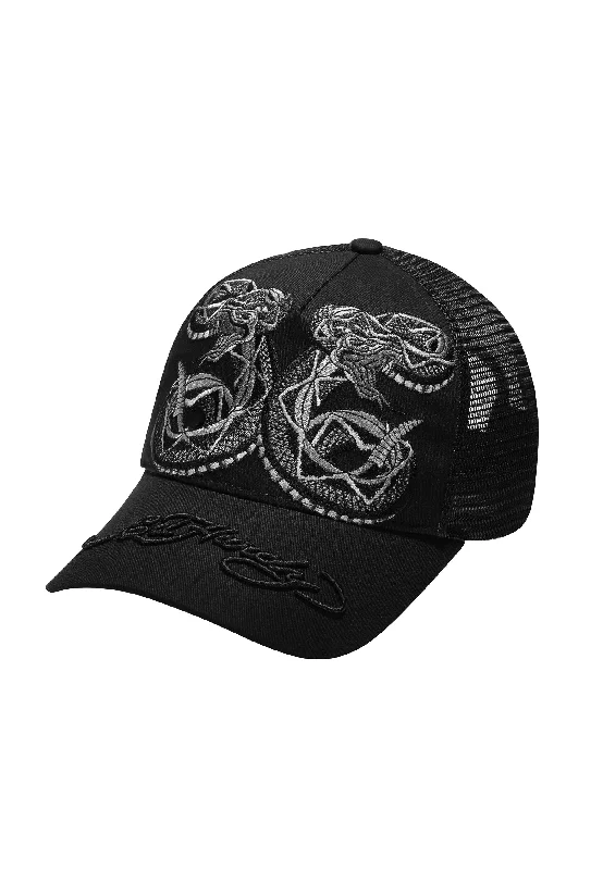 Trendy SnapbacksUnisex Duo Black Snake Twill Front Mesh Trucker - Black/Black