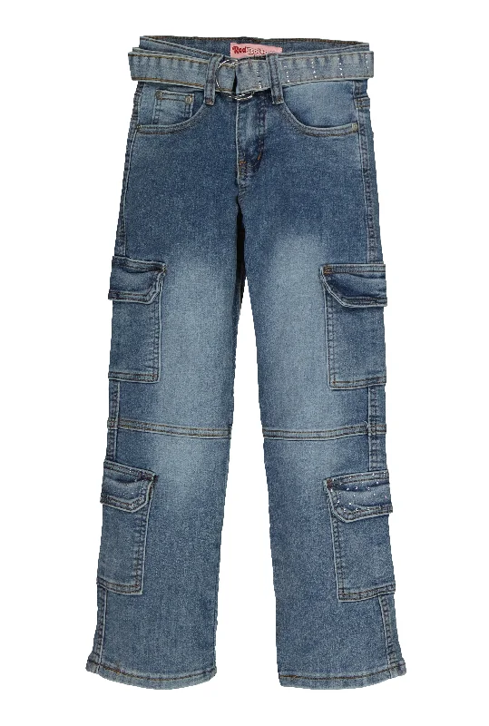 Wide-Leg Men's JeansGirls Rhinestone Detail Belted Cargo Jeans