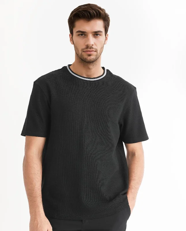 Men's Shirts with Button-Down CollarsRare Rabbit Men's Bueno Black Solid Crew Neck Drop Shoulder With Contrast Detailing On The Neck Half Sleeves T-Shirt Men's Shirts with Button-Down CollarsRare Rabbit Men's Bueno Black Solid Crew Neck Drop Shoulder With Contrast Detailing On The Neck Half Sleeves T-Shirt
