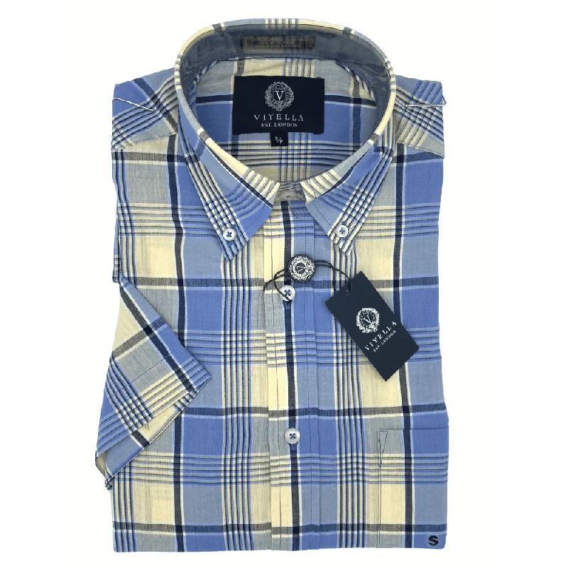 Men's Solid-Color Button-Down Shirts for VersatilityViyella Short Sleeve Sport Shirt - 554310 6400 Light Blue Yellow Plaid