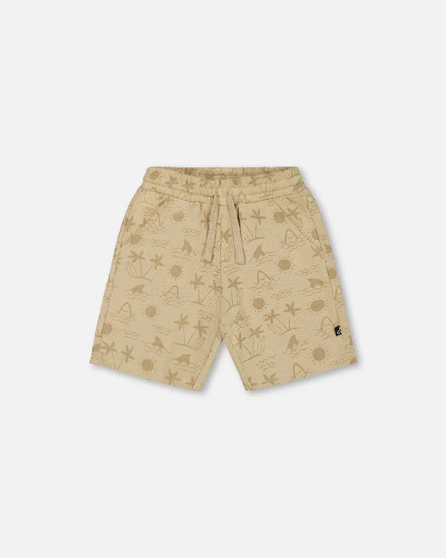 Cotton-Rich Men's Breathable and Soft Casual ShortsPrinted French Terry Short Beige With Palm Trees