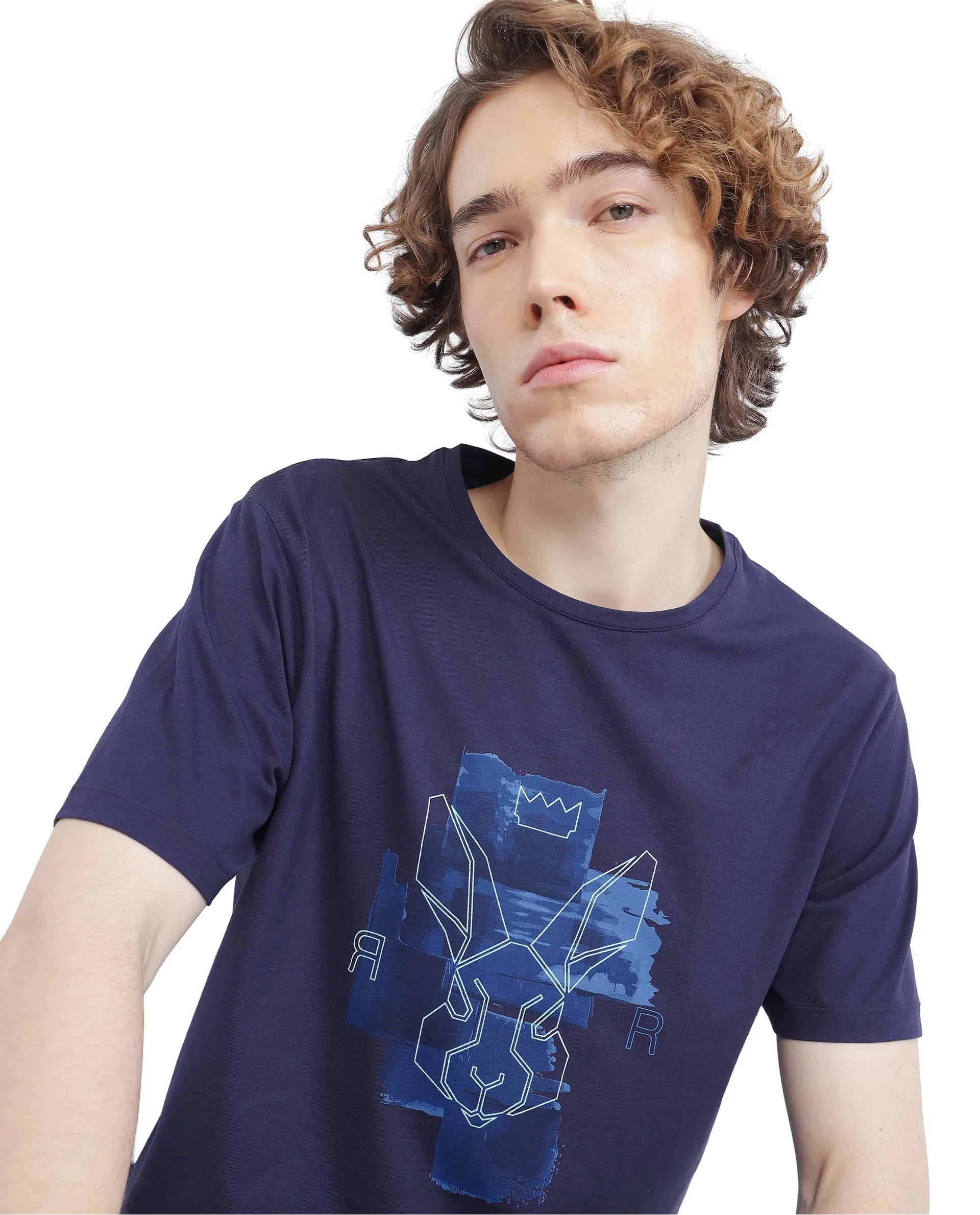 Men's Shirts with Appliqué DetailsRare Rabbit Men Nexi Blue Cotton Blend Fabric Short Sleeve Crew Neck HD Print Logo T-Shirt Men's Shirts with Appliqué DetailsRare Rabbit Men Nexi Blue Cotton Blend Fabric Short Sleeve Crew Neck HD Print Logo T-Shirt