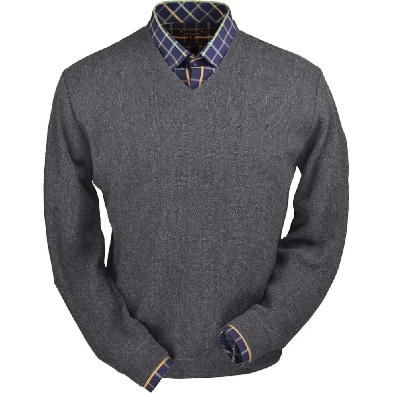Men's Sweaters with Kangaroo PocketsBaby Alpaca 'Links Stitch' V-Neck Sweater in Medium Grey Heather by Peru Unlimited Men's Sweaters with Kangaroo PocketsBaby Alpaca 'Links Stitch' V-Neck Sweater in Medium Grey Heather by Peru Unlimited