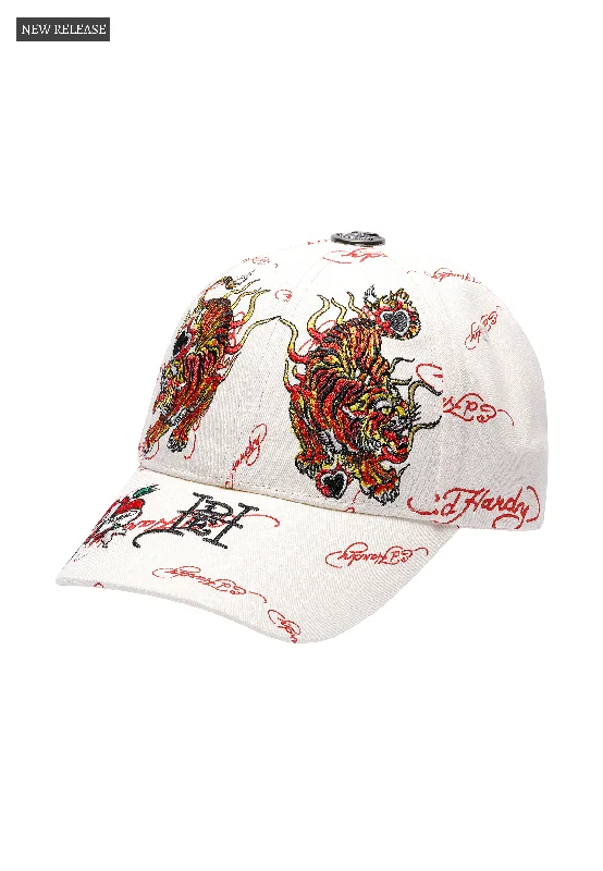 Classic Derby HatsUnisex Tiger Flames 6 Panel Repeat Print Cap - Egret