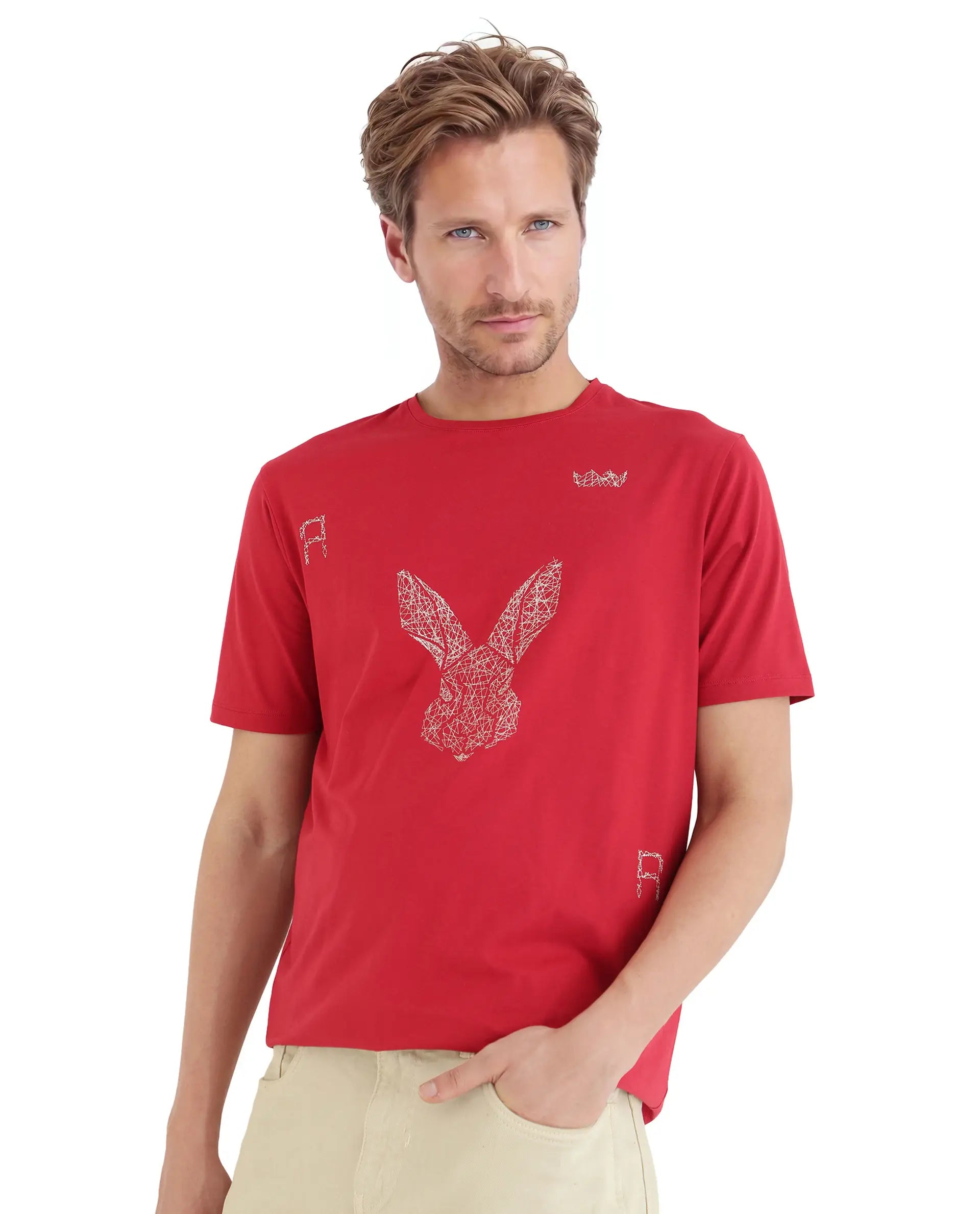 Men's Shirts with Embroidered DesignsRare Rabbit Men Zylo Red Cotton Blend Fabric Short Sleeve Crew Neck HD Print Logo T-Shirt Men's Shirts with Embroidered DesignsRare Rabbit Men Zylo Red Cotton Blend Fabric Short Sleeve Crew Neck HD Print Logo T-Shirt