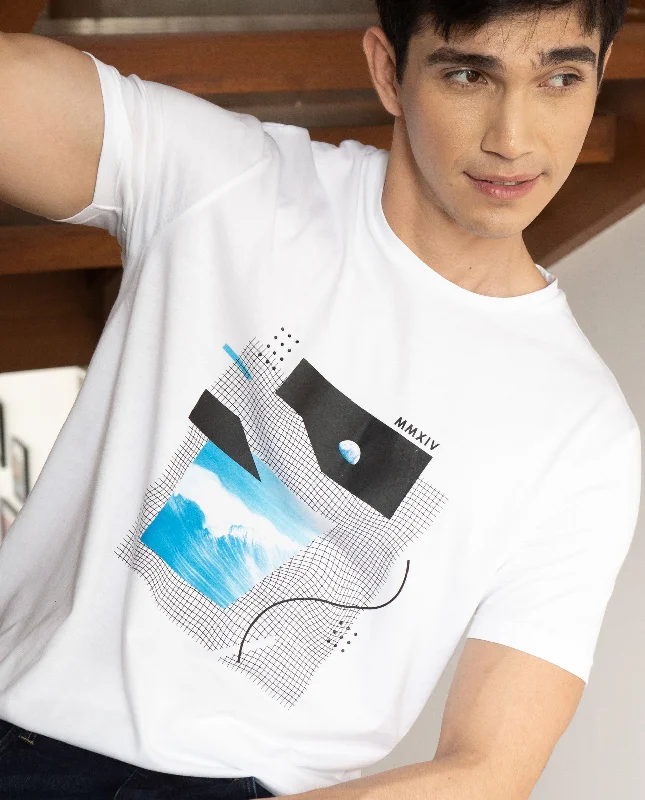 Men's Shirts with Abstract DesignsRARE RABBIT MENS SEA WHITE T-SHIRT COTTON FABRIC SLIM FIT CREW NECK SHORT SLEEVE