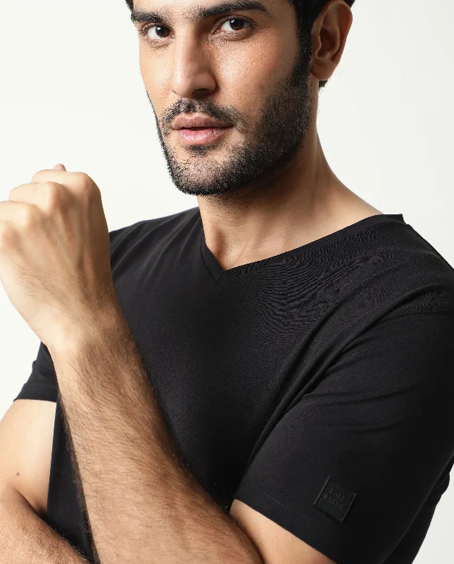 Men's Shirts with Graphic SleevesRare Rabbit Men's Entre-2 Black Cotton Fabric V-Neck Half Sleeves Regular Fit Solid T-Shirt