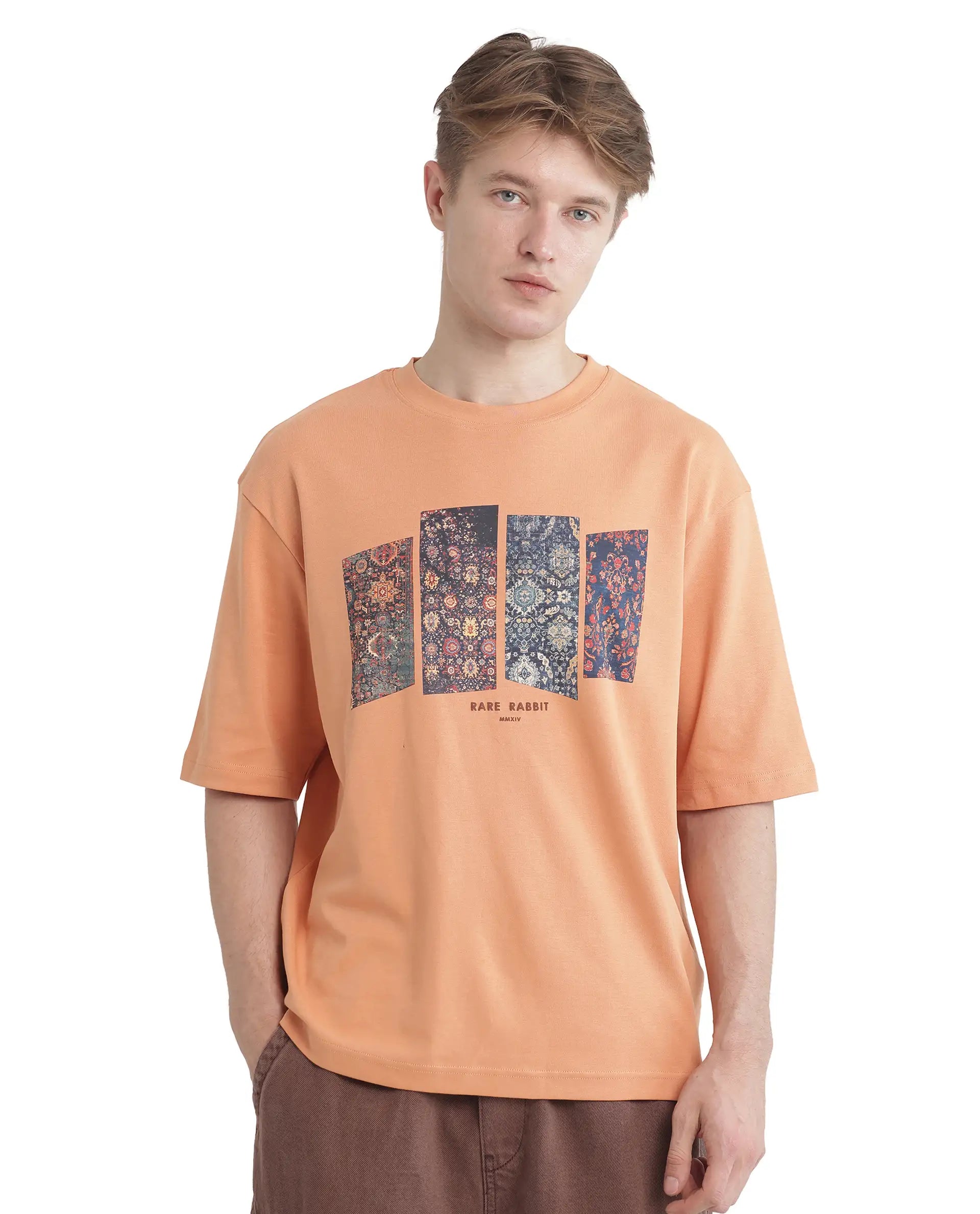 Solid-Colored Men's ShirtsRare Rabbit Men Lino Dark Orange Cotton Fabric Short Sleeve Crew Neck Qlo Fit Graphic Print T-Shirt Solid-Colored Men's ShirtsRare Rabbit Men Lino Dark Orange Cotton Fabric Short Sleeve Crew Neck Qlo Fit Graphic Print T-Shirt