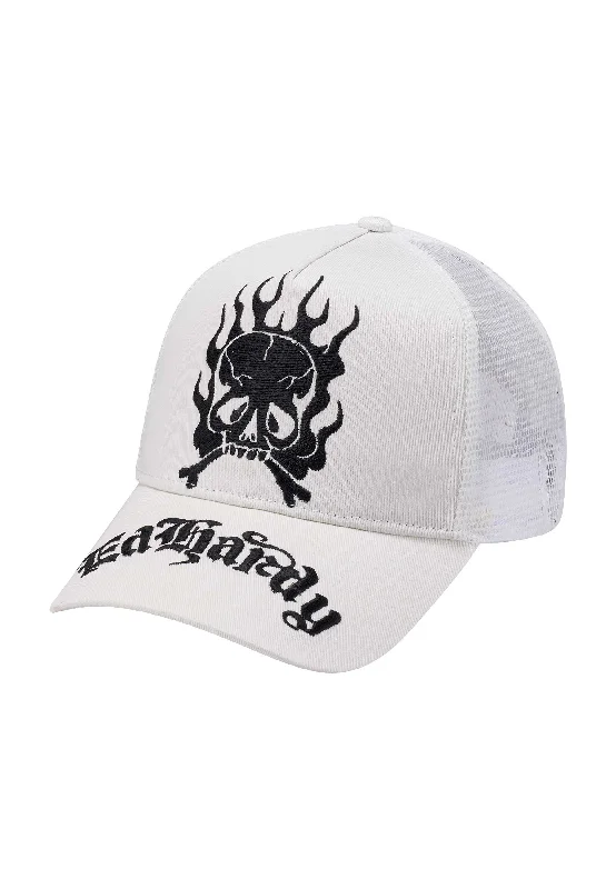 Boys' Baseball CapsUnisex Gothic Skull In Flames Twill Front Mesh Trucker - White/White