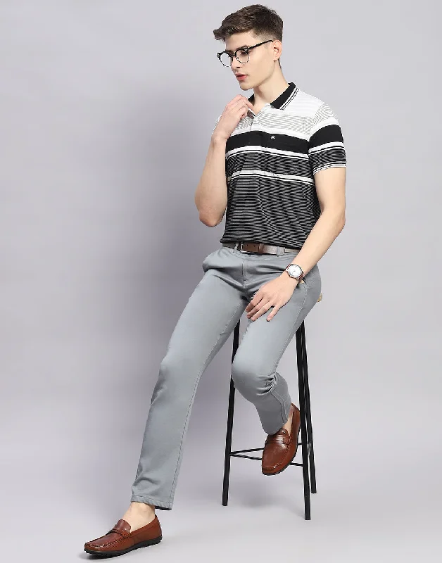 Men's Shirts with Spread CollarsMen Black Stripe Polo Collar Half Sleeve T-Shirt