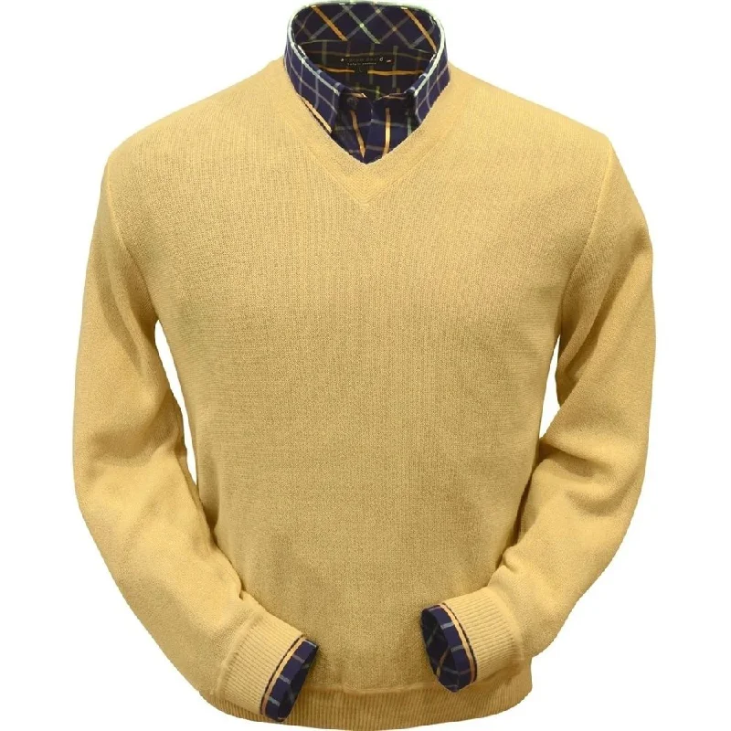 Men's Sweaters with A-Line ShapesBaby Alpaca 'Links Stitch' V-Neck Sweater in Gold by Peru Unlimited Men's Sweaters with A-Line ShapesBaby Alpaca 'Links Stitch' V-Neck Sweater in Gold by Peru Unlimited