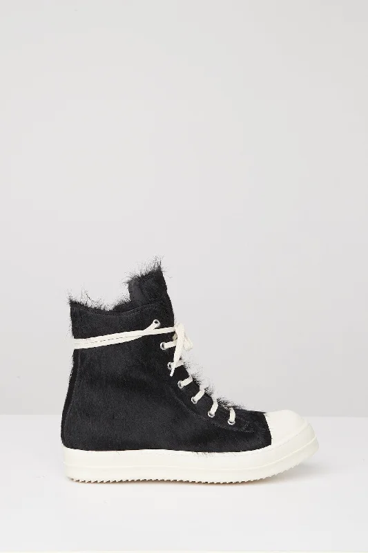 Men's Coats with Magnetic ClosuresRick Owens High Ramone Sneaks in Black Calf Hair