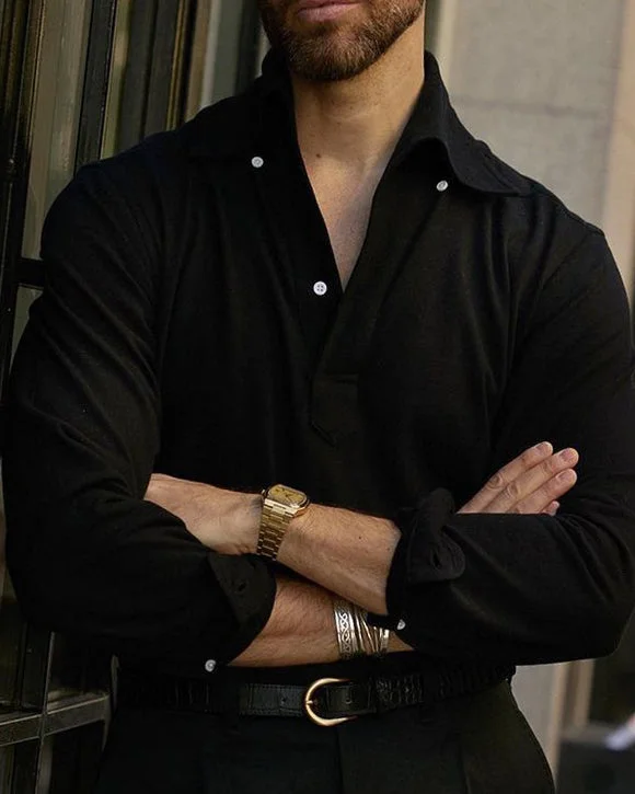 Men's Shirts with Lace-Up HemlinesBlack Pique Polo T-Shirt
