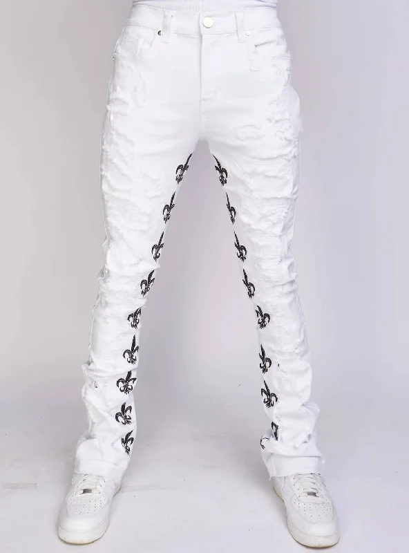 Men's Jeans with Embroidered LogosMen's Barkley Stacked Embroidery 5 Pocket Pant In White & Black Men's Jeans with Embroidered LogosMen's Barkley Stacked Embroidery 5 Pocket Pant In White & Black