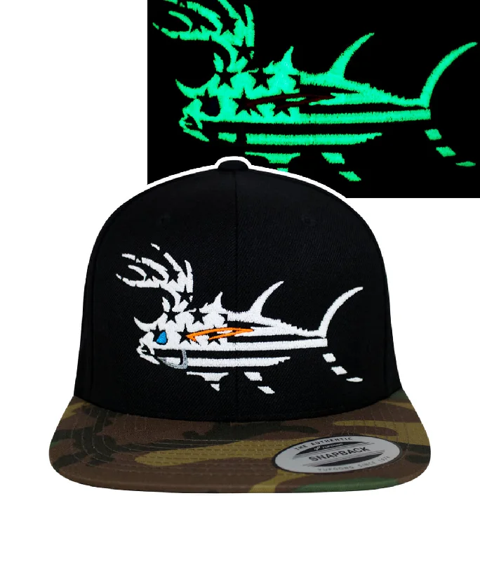 Vibrant Baseball Hats"BUCK- EYE FADED GLORY" Evening Glow Black & Camo Unisex Flatbill Snapback Hat