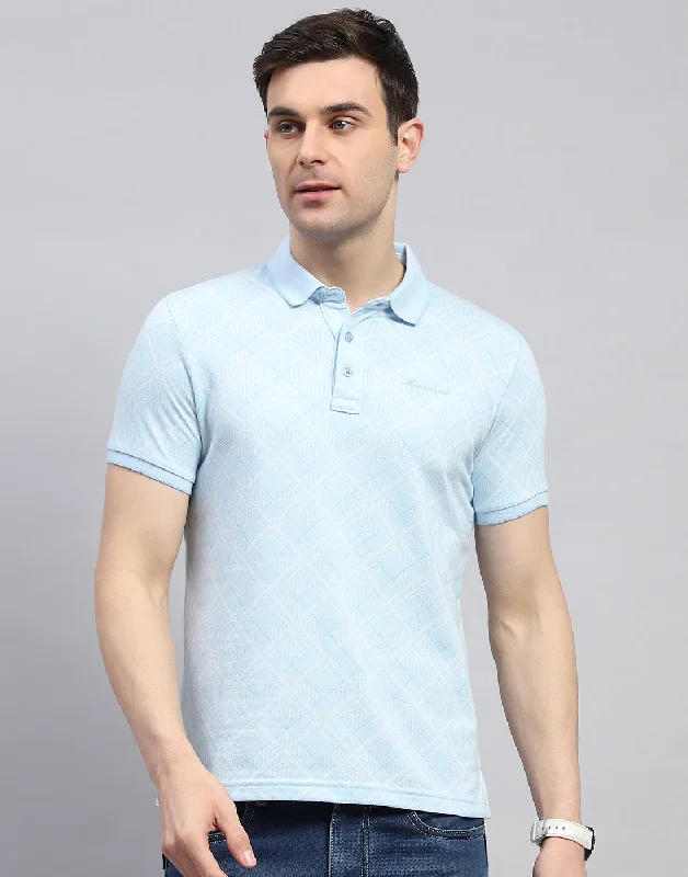 Men's Shirts for FishingMen Blue Printed Polo Collar Half Sleeve T-Shirt