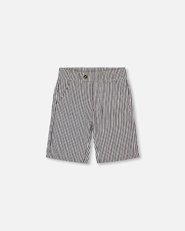 Cool and Crisp Men's Summer Linen and Cotton ShortsSlant Pocket Bermuda Shorts Navy Blue Striped Cool and Crisp Men's Summer Linen and Cotton ShortsSlant Pocket Bermuda Shorts Navy Blue Striped