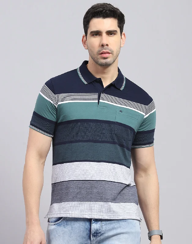 Men's Shirts with Animal PrintsMen Navy Blue Stripe Polo Collar Half Sleeve T-Shirt