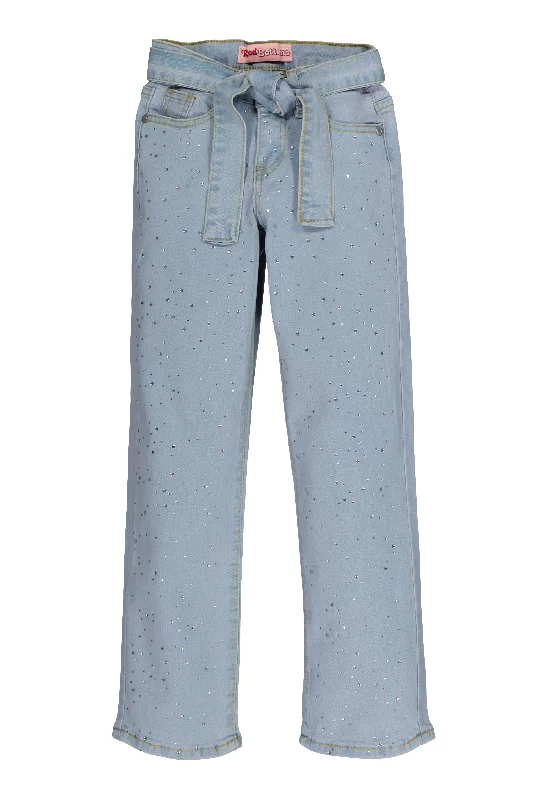Oversized Men's JeansGirls Tie Waist Belted Rhinestone Studded Jeans