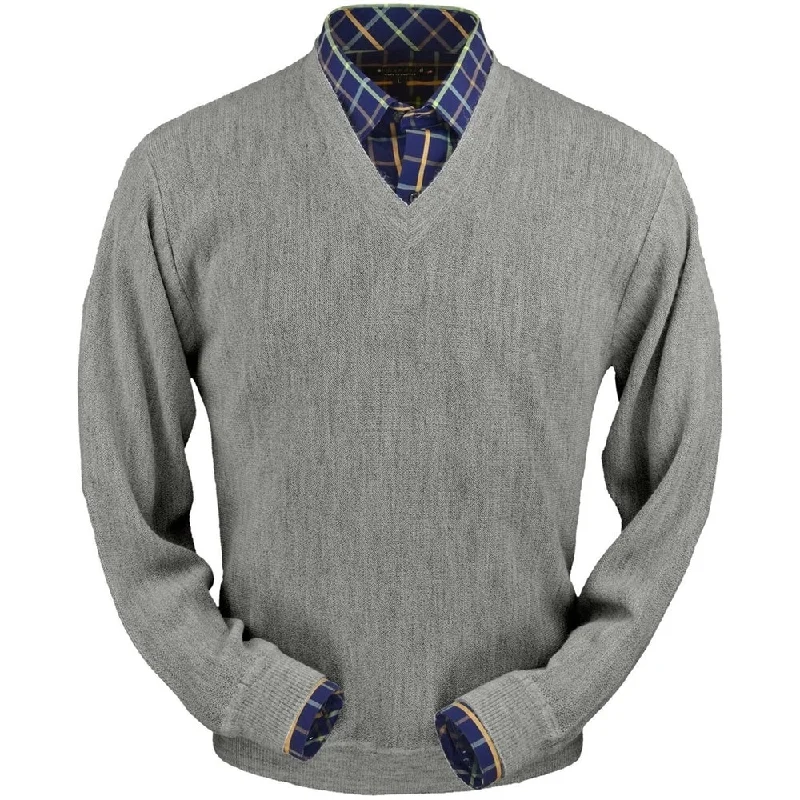 Men's Sweaters with Herringbone PatternsBaby Alpaca 'Links Stitch' V-Neck Sweater in Silver Grey Heather by Peru Unlimited Men's Sweaters with Herringbone PatternsBaby Alpaca 'Links Stitch' V-Neck Sweater in Silver Grey Heather by Peru Unlimited