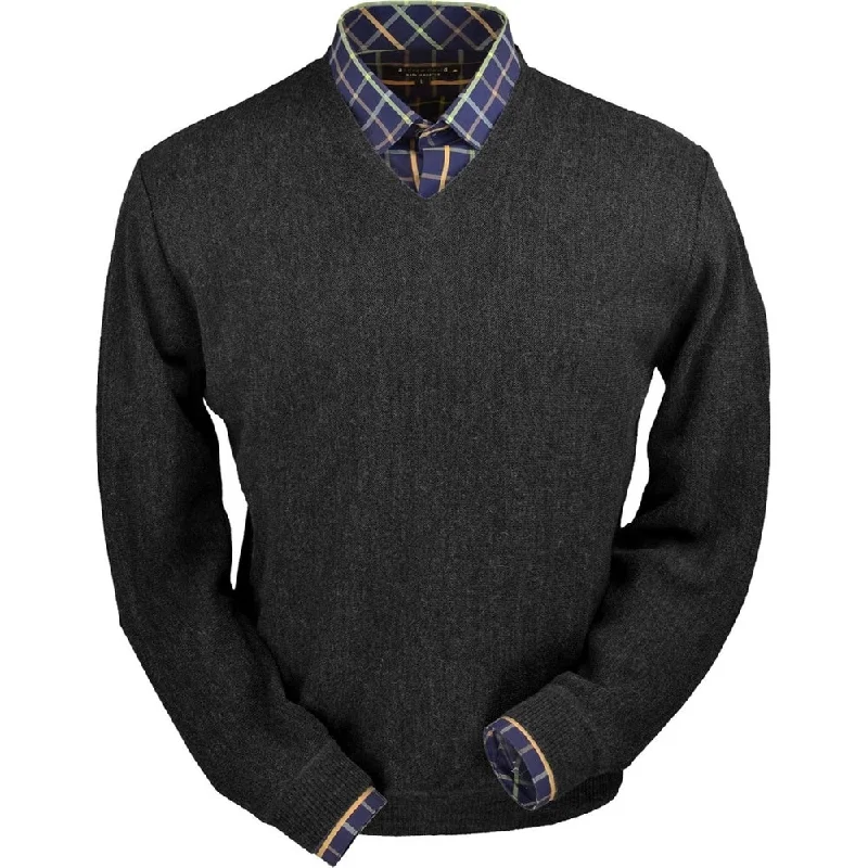 Striped Men's SweatersBaby Alpaca 'Links Stitch' V-Neck Sweater in Charcoal Heather by Peru Unlimited Striped Men's SweatersBaby Alpaca 'Links Stitch' V-Neck Sweater in Charcoal Heather by Peru Unlimited