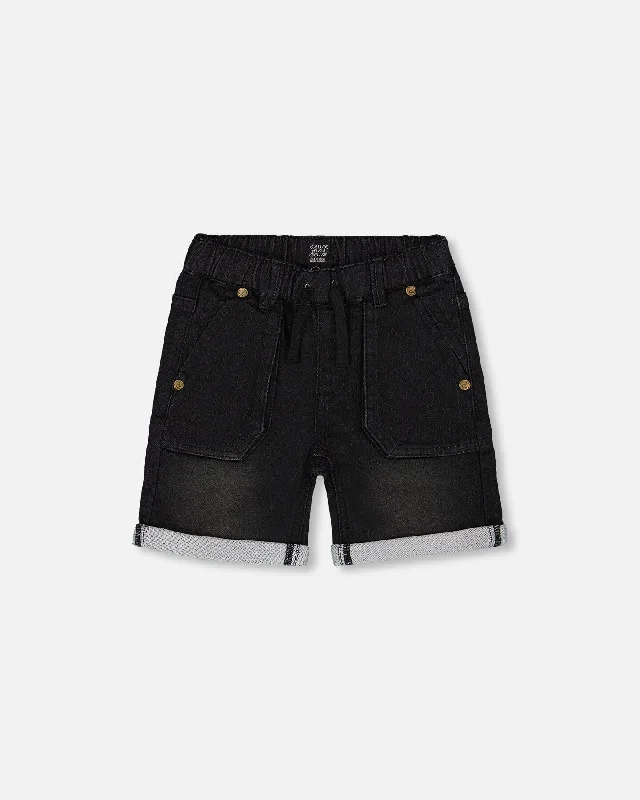 Men's Cozy Flannel Shorts for WinterFrench Terry Denim Short Black Jeans
