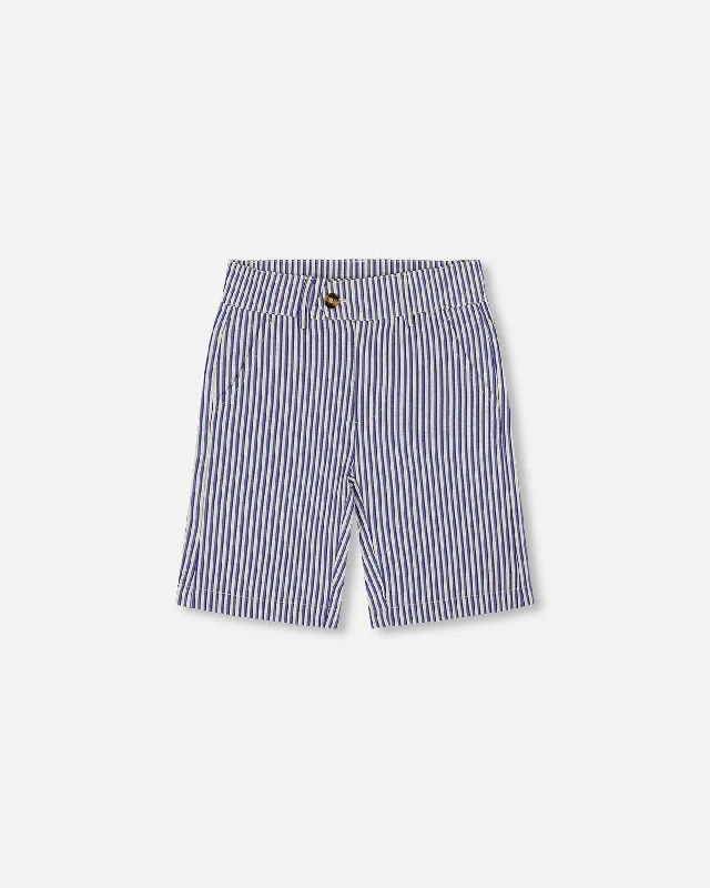 Cool and Crisp Men's Linen ShortsSlant Pocket Bermuda Shorts Royal Blue Striped