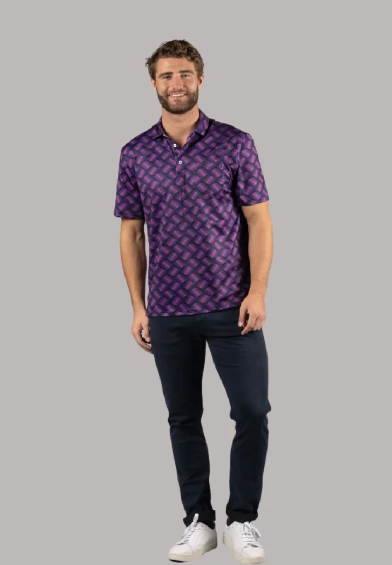 Men's Shirts with Full PlacketsBlack with Purple Waves Print Polo Shirt