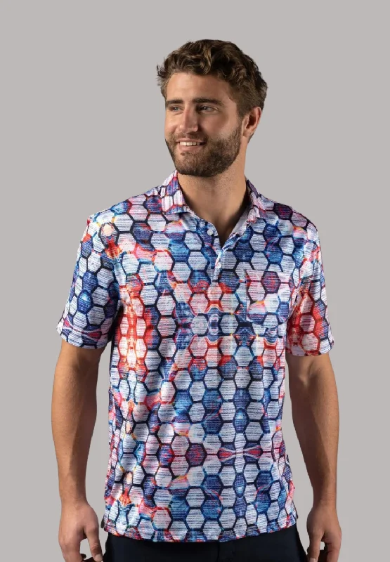 Men's Short-Sleeved ShirtsBlue and Red Honeycomb Polo Shirt