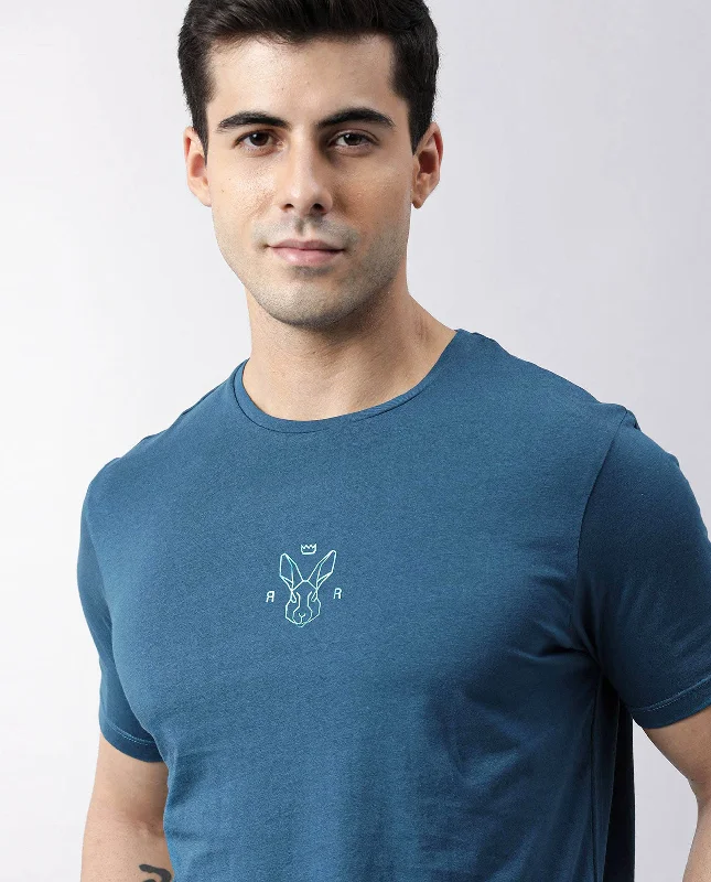 Men's Shirts for HuntingRare Rabbit Men's Oval Petrol Cotton Fabric Crew Neck Half Sleeves Slim Fit Logo Detailing Solid T-Shirt