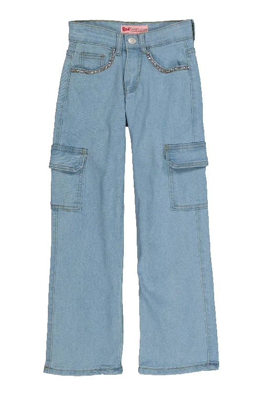 Trendy Men's JeansGirls Rhinestone Trim Cargo Jeans