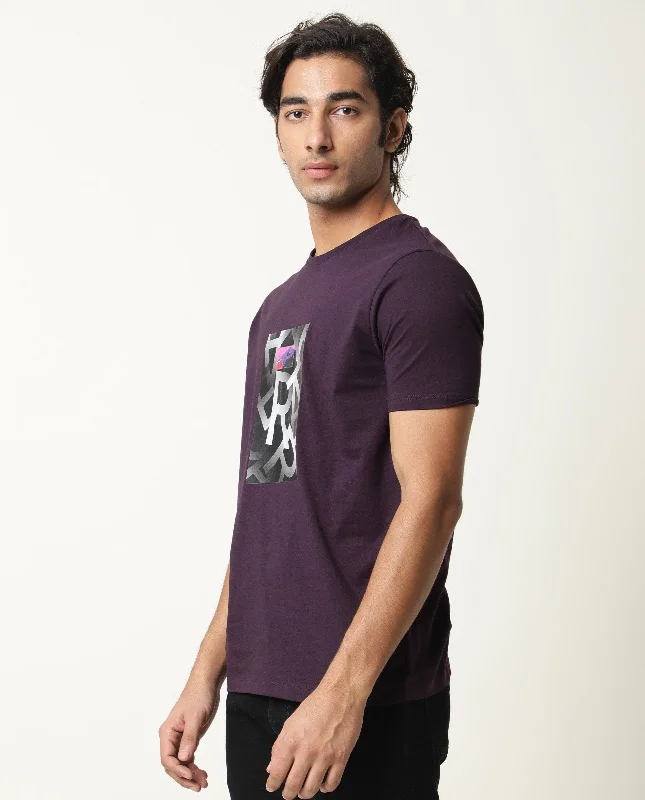 Men's Shirts with Graphic SleevesRare Rabbit Mens Strib Purple Cotton Fabric Crew Neck Half Sleeves Slim Fit Graphic Print T-Shirt