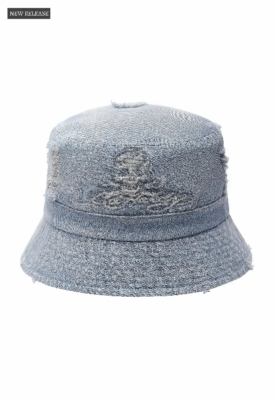 Waterproof Work HatsUnisex Denim Embossed Skull Bucket Hat - Mid Blue