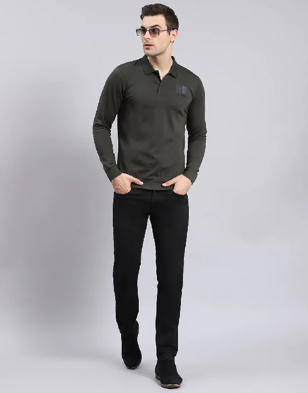 Men's Shirts with Abstract DesignsMen Olive Solid Polo Collar Full Sleeve T-Shirt