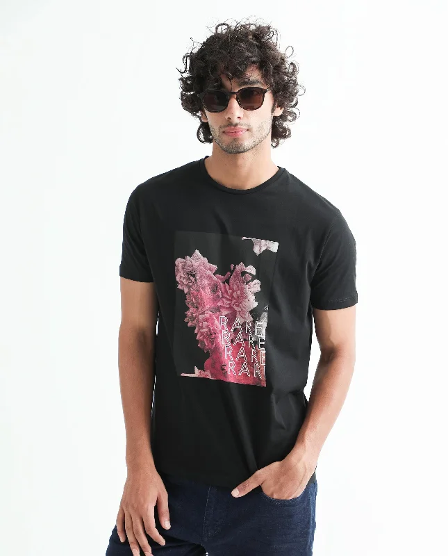 Men's Shirts with Abstract DesignsRare Rabbit Men's Kitons Black Crew Neck Floral Discharge Print Slim Fit T-Shirt