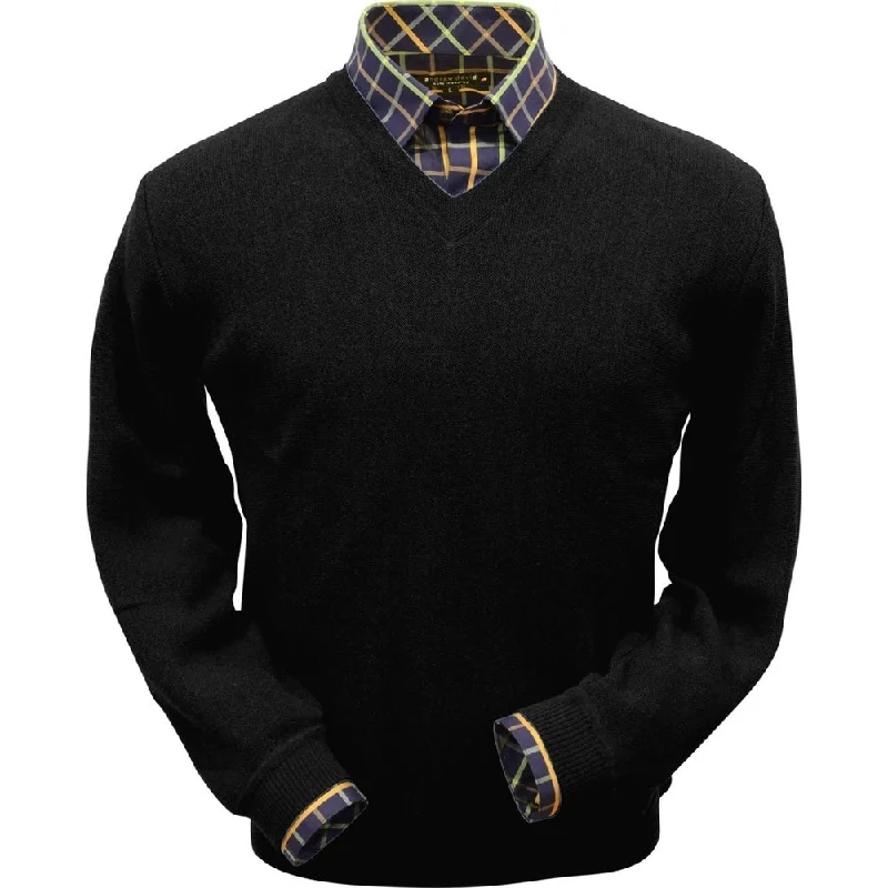 Elegant Men's Shawl-Collar SweatersBaby Alpaca 'Links Stitch' V-Neck Sweater in Black by Peru Unlimited Elegant Men's Shawl-Collar SweatersBaby Alpaca 'Links Stitch' V-Neck Sweater in Black by Peru Unlimited