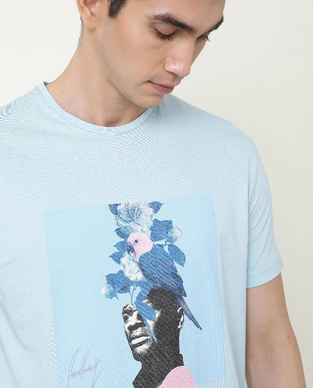 Casual Men's T-ShirtsRare Rabbit Men's Face Blue Crew Neck Discharge HD Graphic Print Half Sleeves Slim Fit T-Shirt