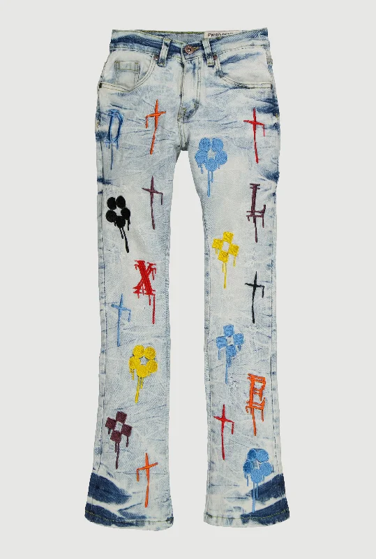 Oversized Men's JeansBoys Acid Wash Embroidered Drip Pattern Jeans