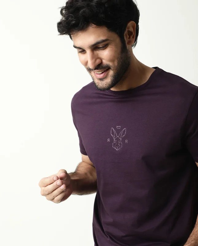 Men's Shirts with Custom MonogramsRare Rabbit Men's Oval Purple Cotton Fabric Crew Neck Half Sleeves Slim Fit Logo Detailing Solid T-Shirt