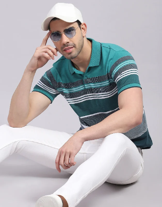 Men's Shirts with Striped PatternsMen Turquoise Blue Stripe Polo Collar Half Sleeve T-Shirt Men's Shirts with Striped PatternsMen Turquoise Blue Stripe Polo Collar Half Sleeve T-Shirt