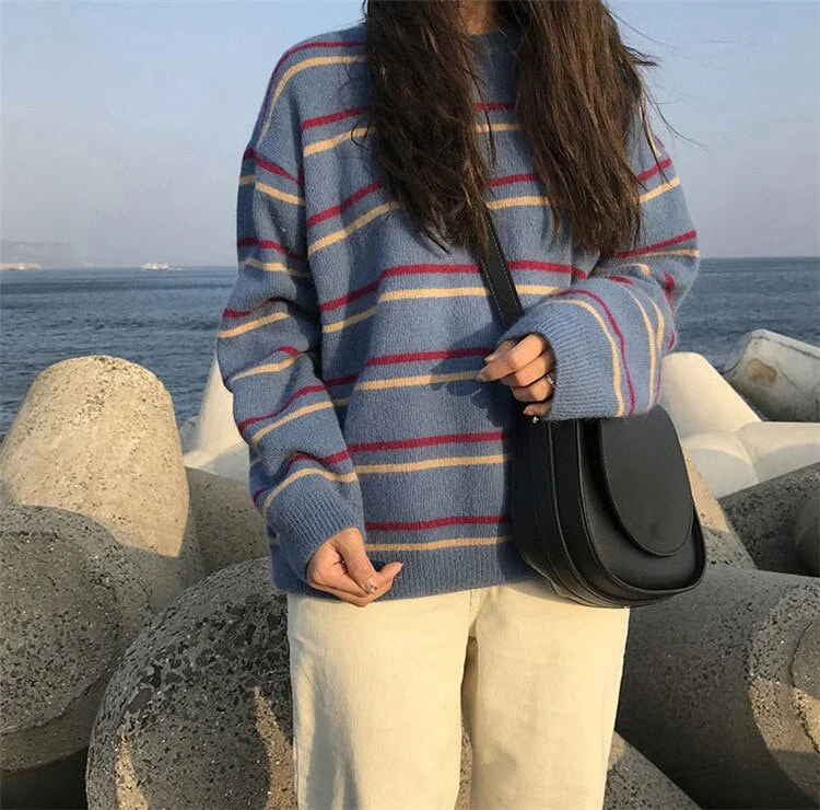 Men's Sweaters with Appliqué DetailsKittenAlarm - Loose O-Neck Knitted Striped Sweater Men's Sweaters with Appliqué DetailsKittenAlarm - Loose O-Neck Knitted Striped Sweater