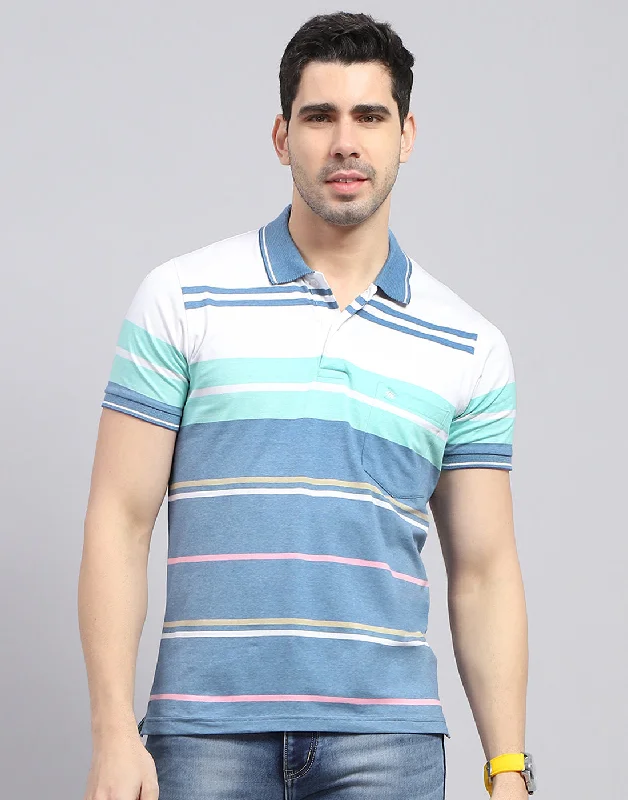 Men's Shirts with Graphic PrintsMen Blue Stripe Polo Collar Half Sleeve T-Shirt