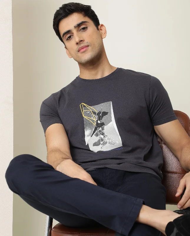 Men's Shirts with Graphic SleevesRare Rabbit Men's Greek Dark Grey Cotton Lycra Fabric Crew Neck Half Sleeves Regular Fit Graphic Print T-Shirt Men's Shirts with Graphic SleevesRare Rabbit Men's Greek Dark Grey Cotton Lycra Fabric Crew Neck Half Sleeves Regular Fit Graphic Print T-Shirt