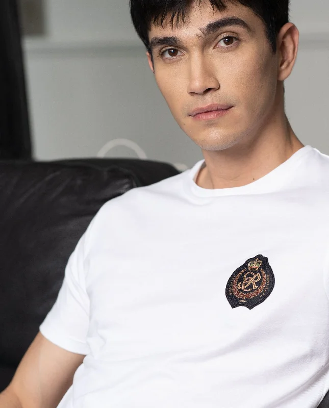 Breathable Men's Mesh TopsRare Rabbit Men's Crown Solid White Crew Neck Chest Embroidered Label Branding Slim Fit T-Shirt Breathable Men's Mesh TopsRare Rabbit Men's Crown Solid White Crew Neck Chest Embroidered Label Branding Slim Fit T-Shirt