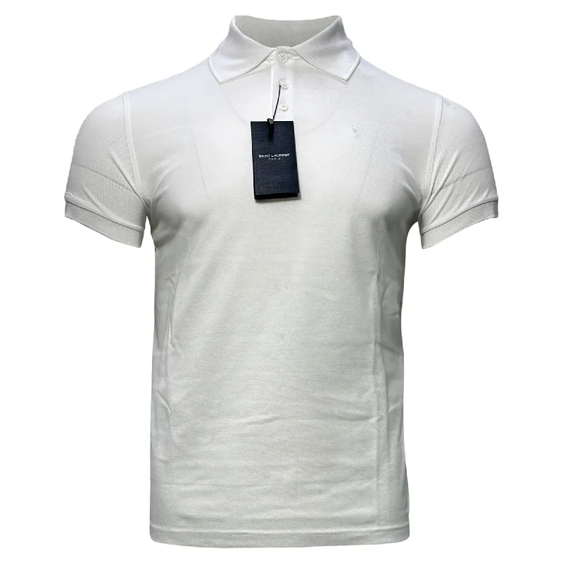 Men's Long-Sleeved ShirtsSaint Laurent Embroidered-Logo Polo Shirt in White Cotton